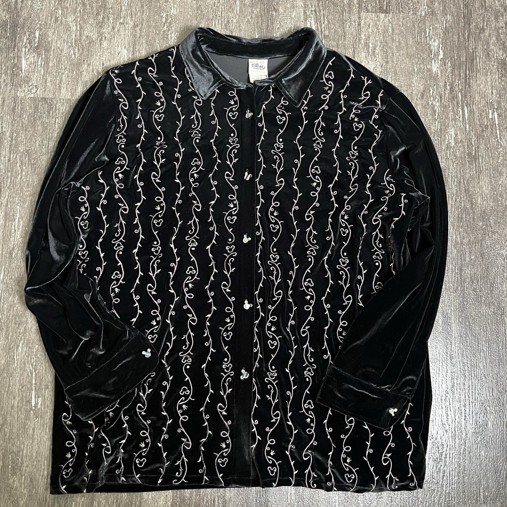 Vintage Disney Catalog Shirt Womens 1X Black Velour Mickey Button Embroidered - Picture 2 of 9